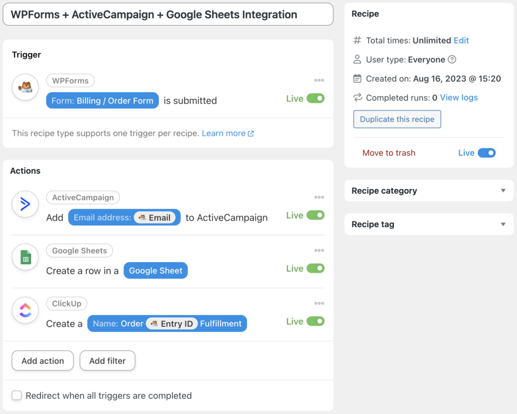 clickup wpforms integration with automator