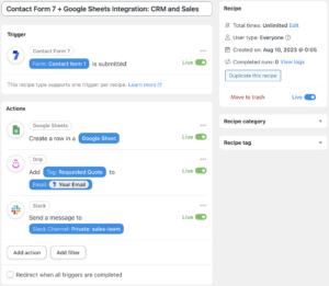 contact form 7 + google sheets integration crm and sales recipe
