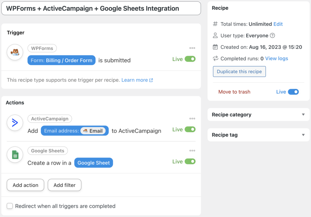 google sheets wpforms integration with automator