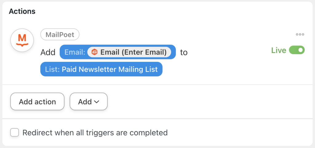 mailpoet action add the user to a list live
