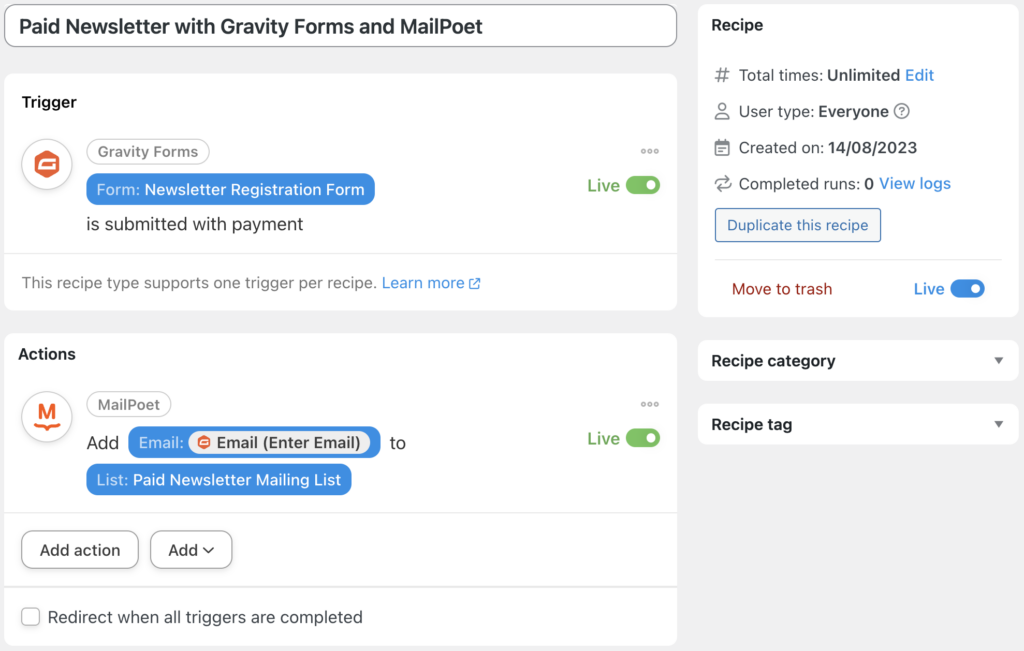 paid newsletter with gravity forms and mailpoet