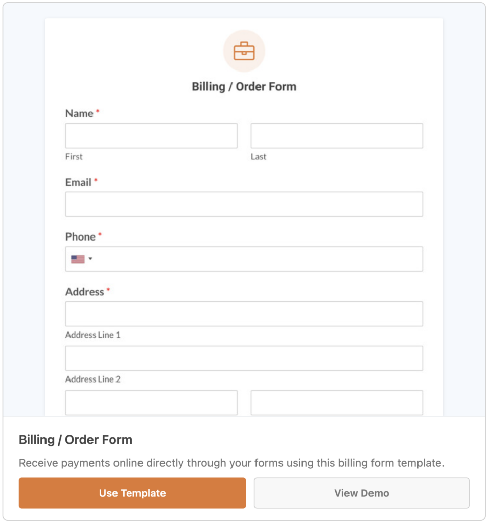wpforms billing/order form template