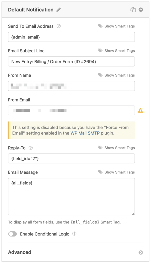 wpforms default email