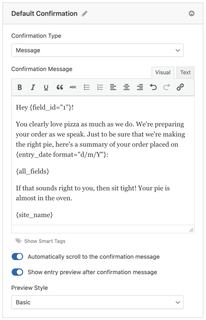 wpforms email message order confirmation