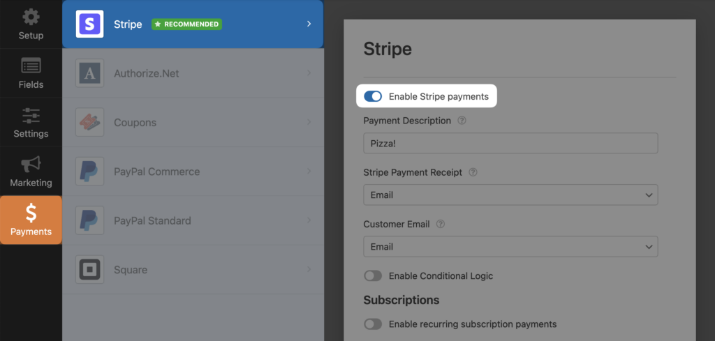 wpforms enable stripe payments