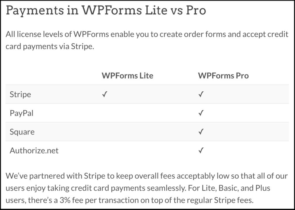 wpforms lite vs pro payments comparison