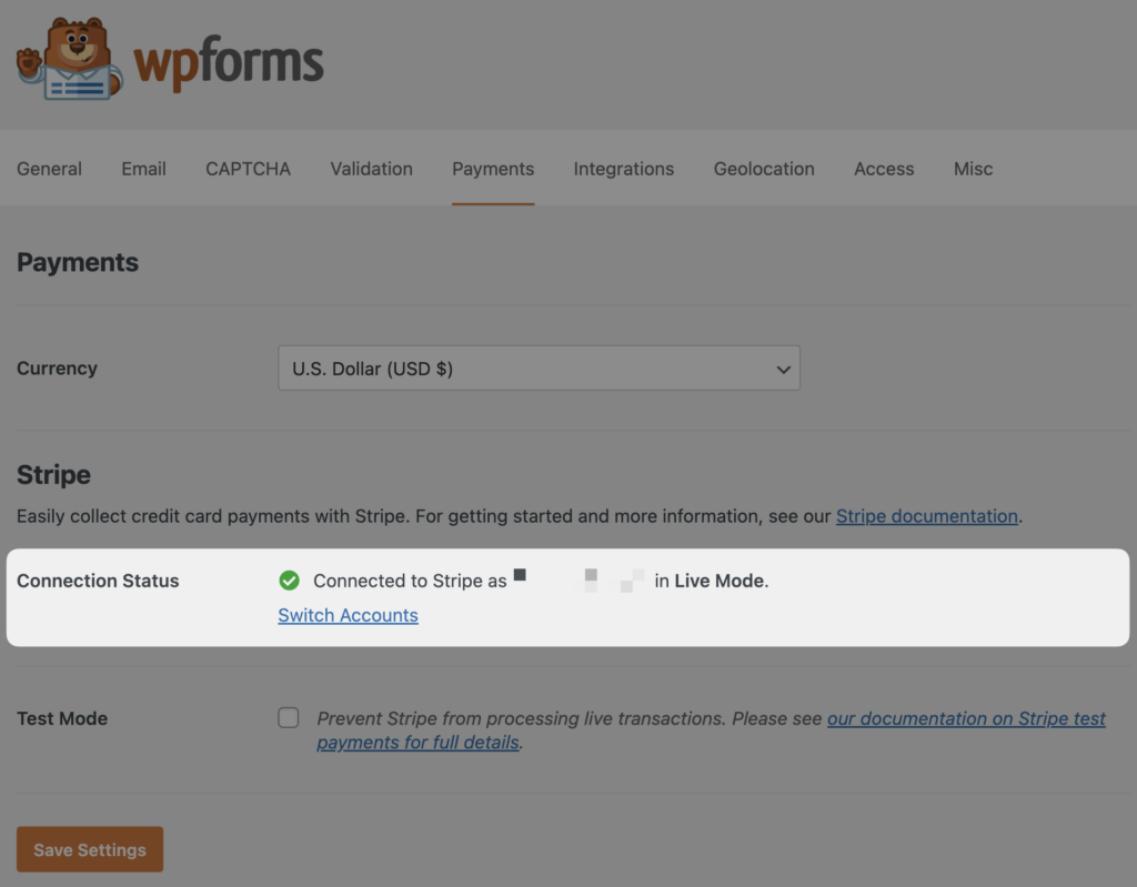 wpforms payments stripe account connected