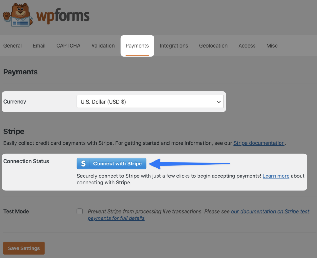 wpforms payments tab connect with stripe