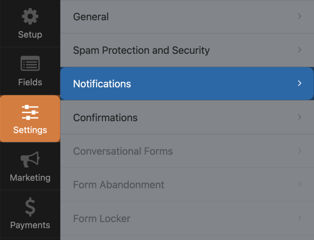 wpforms > settings > notifications