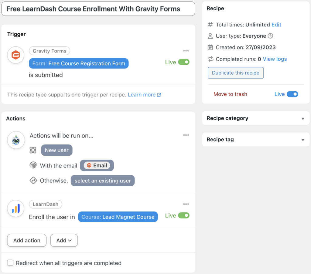 free learndash course enrollment with gravity forms