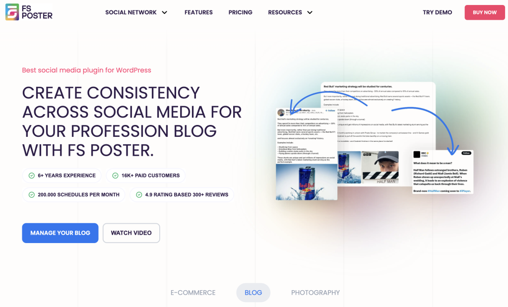 The FS Poster homepage promotes its WordPress social media automation plugin, emphasizing consistency in social media posting, scheduling, and blog management.