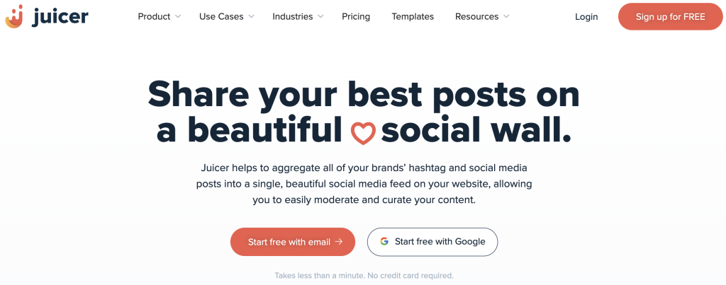 Screenshot of the Juicer homepage featuring a tagline: "Share your best posts on a beautiful social wall." Juicer aggregates social media posts from multiple platforms into a customizable social feed for websites.