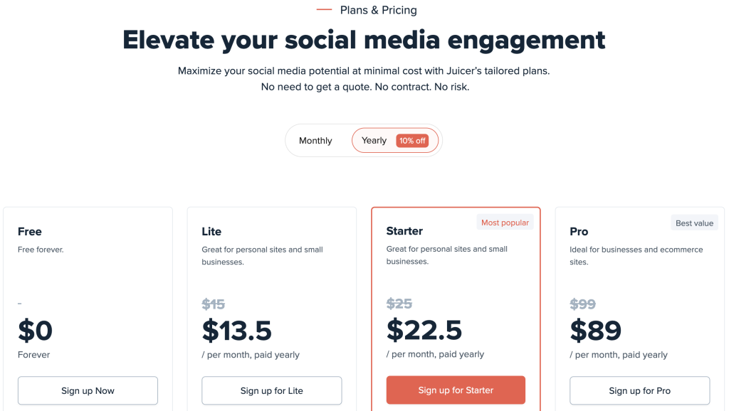 Juicer's pricing table showcases four plans: Free, Lite, Starter (most popular), and Pro (best value), with discounts for yearly billing and no contract required.