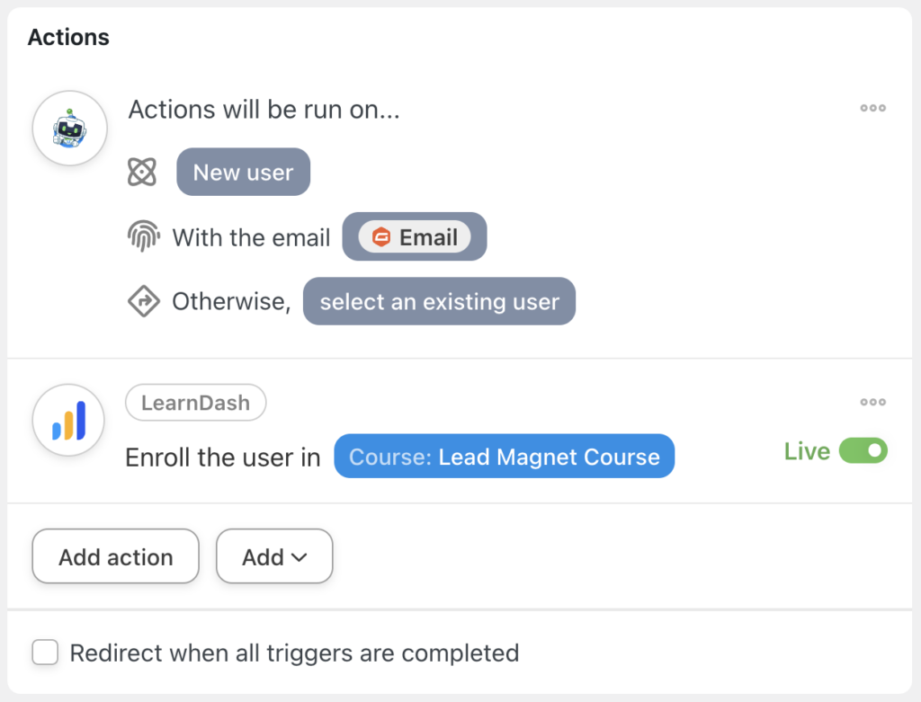 learndash action enroll the user in a course live
