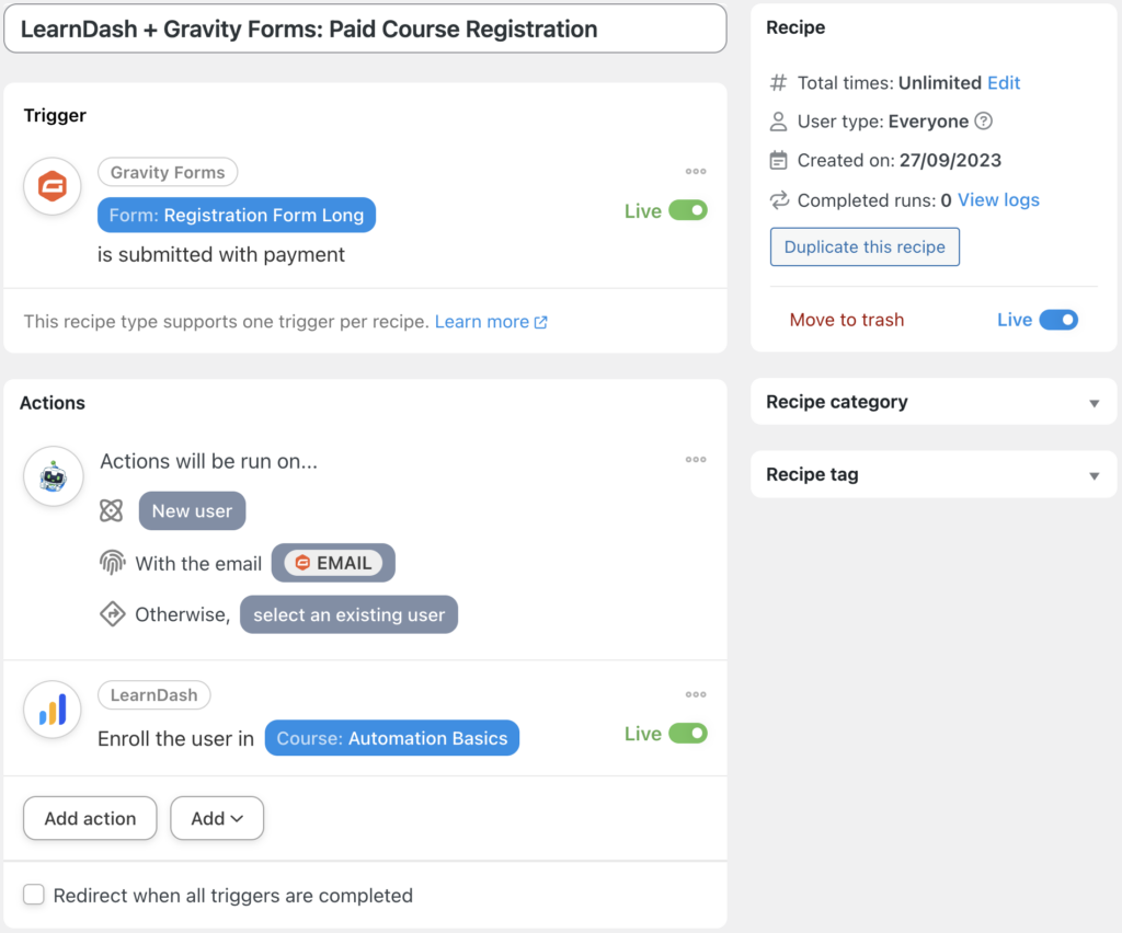 learndash + gravity forms paid course access