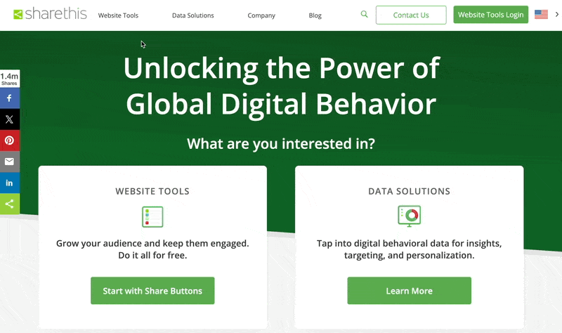 The ShareThis homepage highlights free website tools for audience engagement and data solutions for insights and targeting, with options to start with share buttons or learn more.