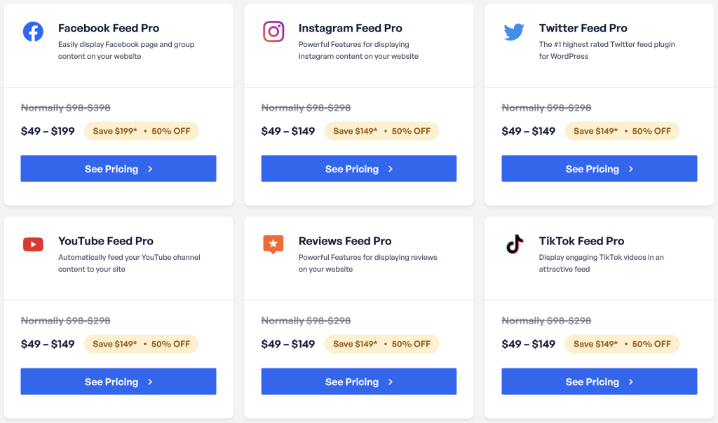 Pricing table for Smash Balloon's social media feed plugins, including Facebook Feed Pro, Instagram Feed Pro, Twitter Feed Pro, YouTube Feed Pro, Reviews Feed Pro, and TikTok Feed Pro.