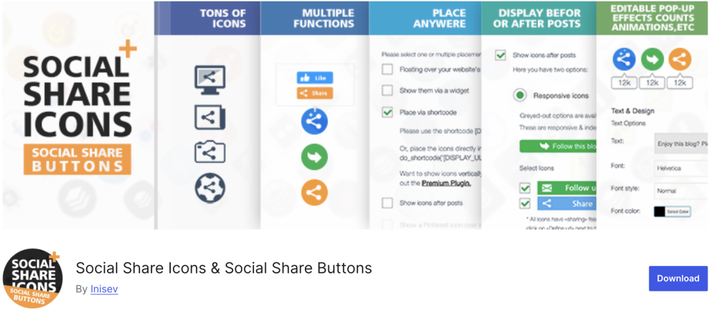 Screenshot of the Social Share Icons & Social Share Buttons plugin by Inisev. The image highlights features like multiple icon styles, placement options, shortcode support, pop-up effects, and post-integration.