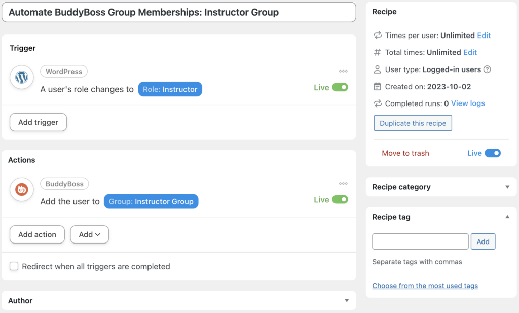 automate buddyboss group memberships instructor group