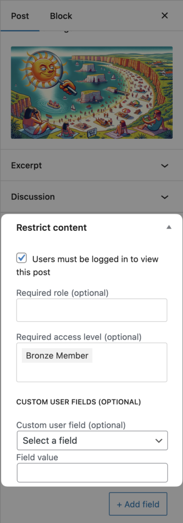 WordPress Restrict Content settings for a WordPress membership website, limiting post access to logged-in users with the Bronze Member access level.