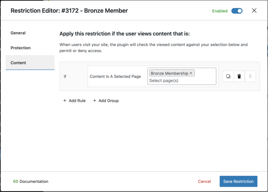 Content Control plugin's "Restriction Editor" in WordPress. A restriction is applied to the "Bronze Membership" page, limiting access based on user criteria.