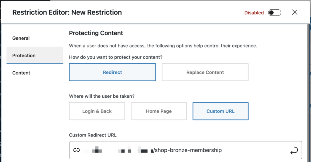 Content Control plugin's "Restriction Editor" in WordPress. The protection settings redirect users without access to a custom URL for a "Bronze Membership" page.