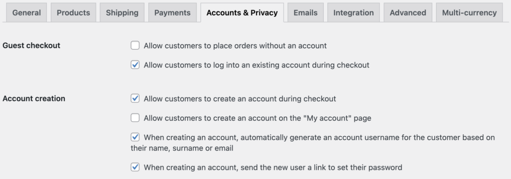 WooCommerce "Accounts & Privacy" settings tab. Options include guest checkout, account creation during checkout, automatic username generation, and password setup links.