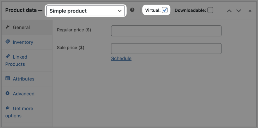 WooCommerce product settings showing a "Simple product" marked as "Virtual." The interface includes pricing fields and tabs for inventory, linked products, attributes, and advanced options.
