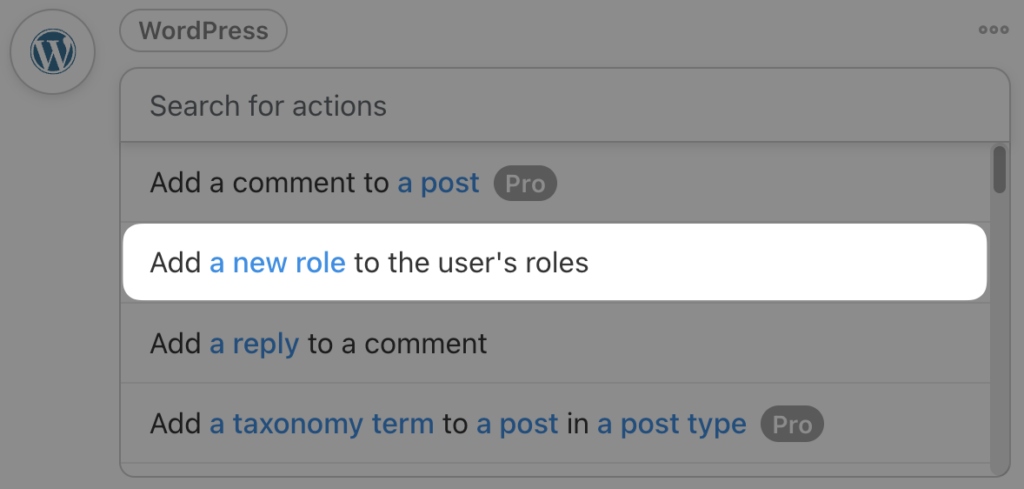 Uncanny Automator WordPress action selection. The action “Add a new role to the user's roles” is highlighted amongst other actions.