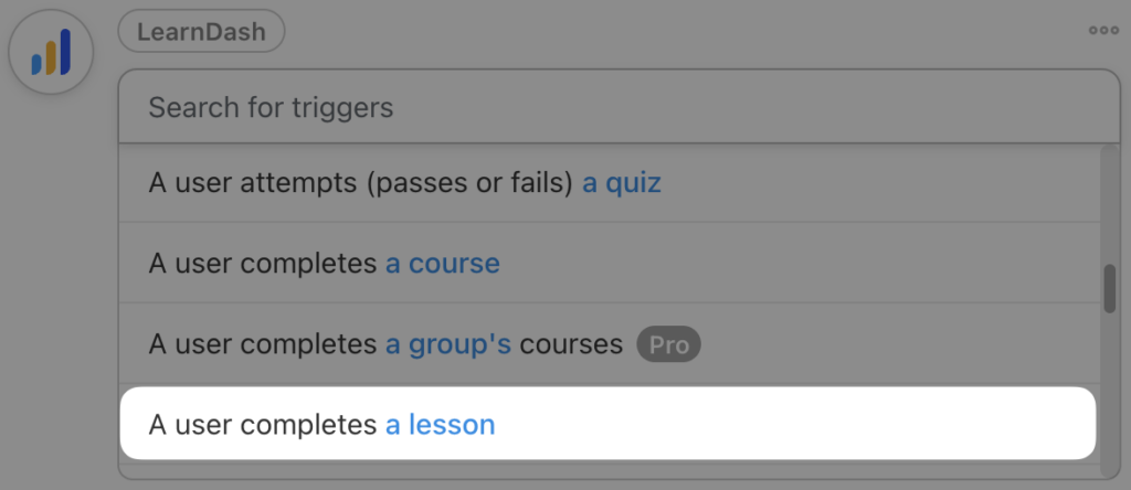 Automator’s LearnDash trigger list showing the selected option "A user completes a lesson" highlighted among other triggers.