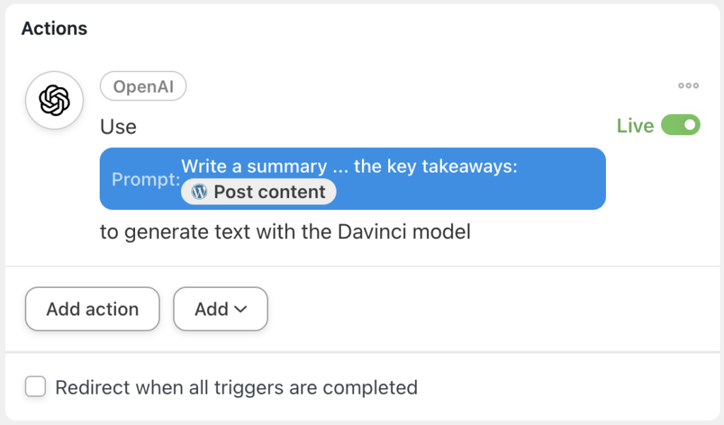 openai-action-use-a-prompt-to-generate-text-davinci-model-live