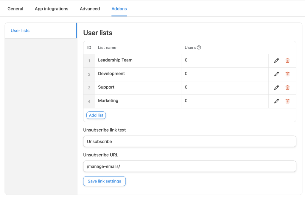 User Lists Settings