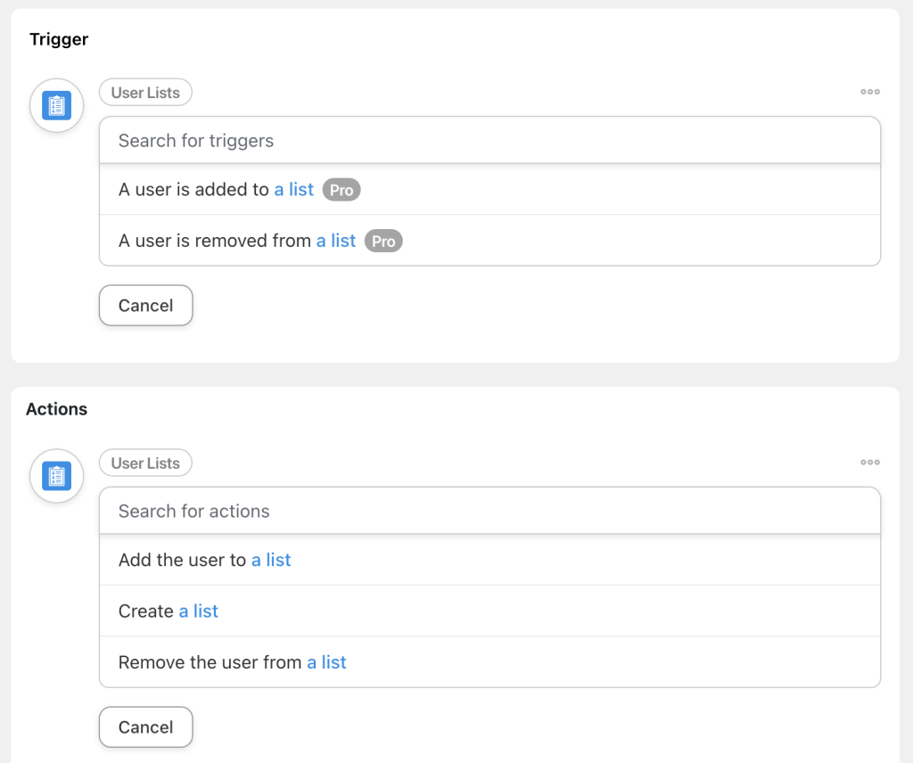 User Lists Triggers & Actions