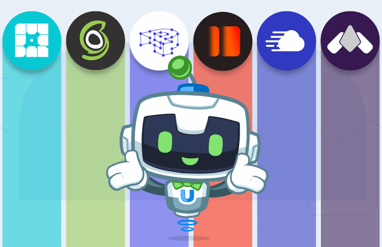 An illustration of the Uncanny Automator mascot presenting six icons representing the best WordPress web hosts, showcasing seamless integration with top hosting providers.