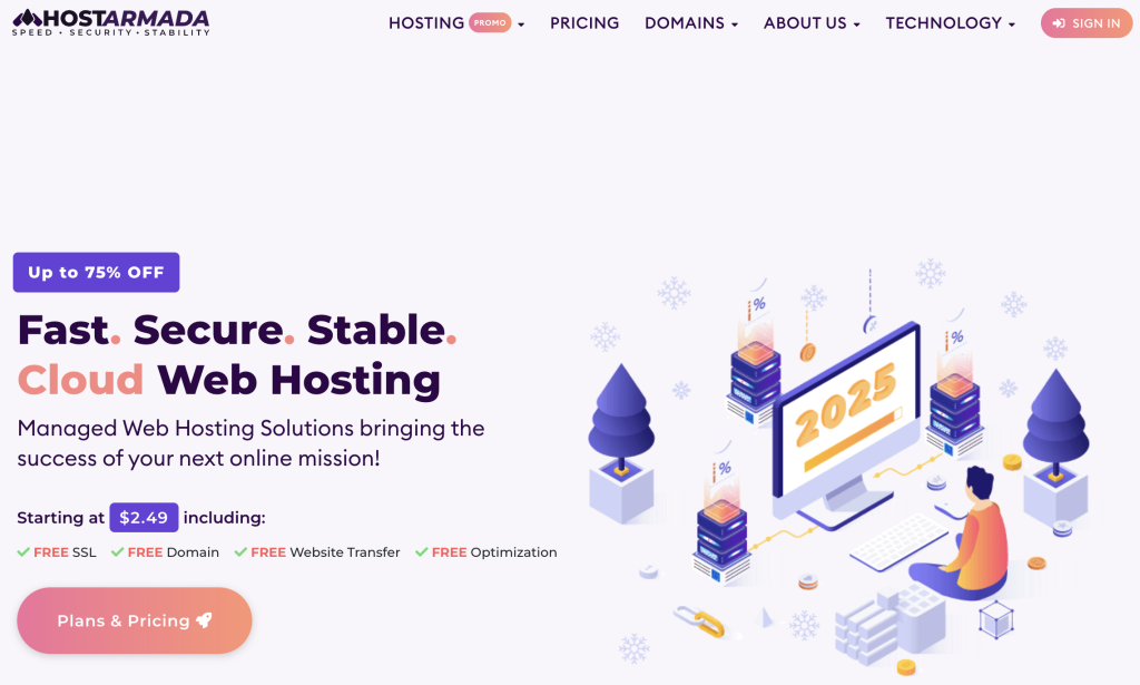 HostArmada homepage promoting fast, secure, and stable cloud hosting with discounts up to 75%. A competitive option among the best WordPress web hosts for performance and reliability.