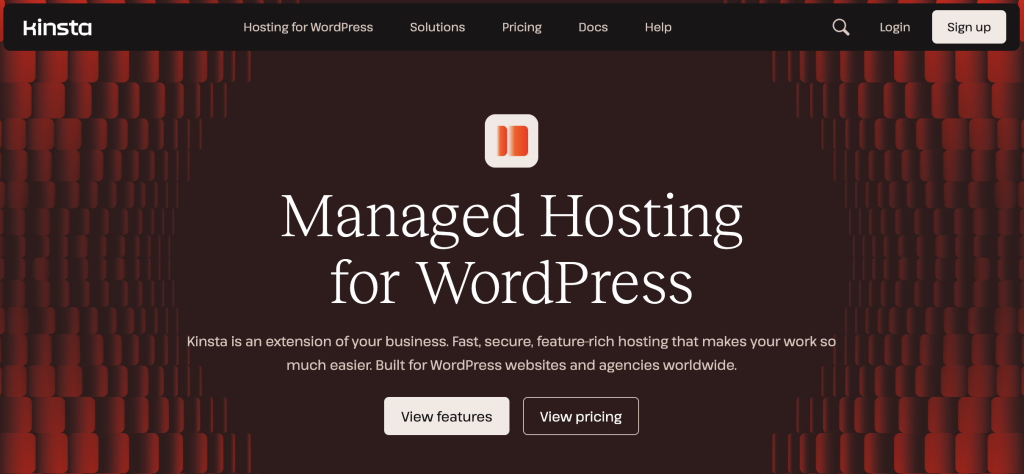 Kinsta homepage featuring Managed Hosting for WordPress with fast, secure, and feature-rich solutions. As one of the best WordPress web hosts, Kinsta provides optimized hosting for agencies, businesses, and developers.