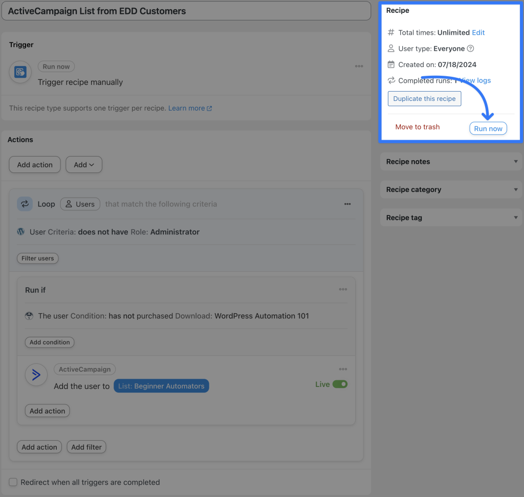 connect-edd-to-activecampaign-recipe-2-run-now