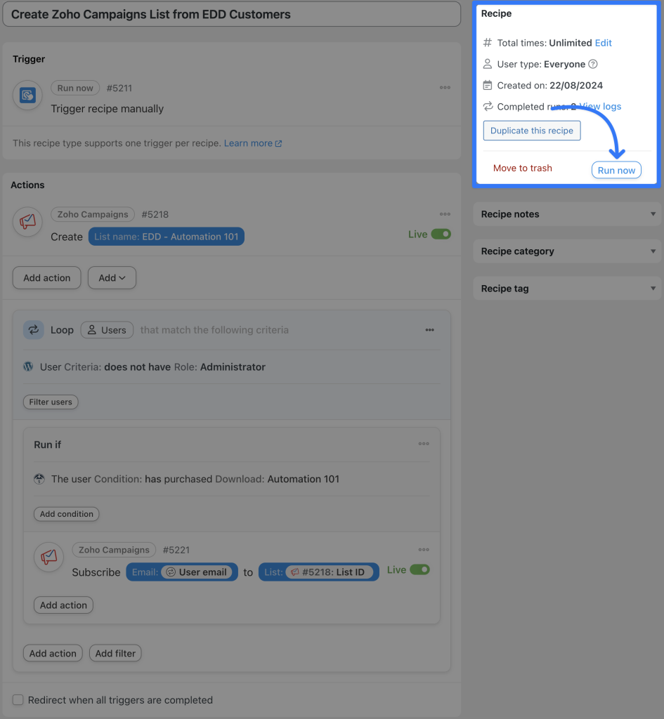 connect-easy-digital-downloads-to-zoho-recipe-2-run-now