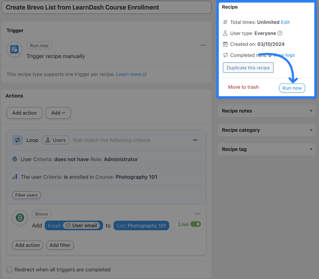 connect-brevo-to-learndash-recipe-2-run-now