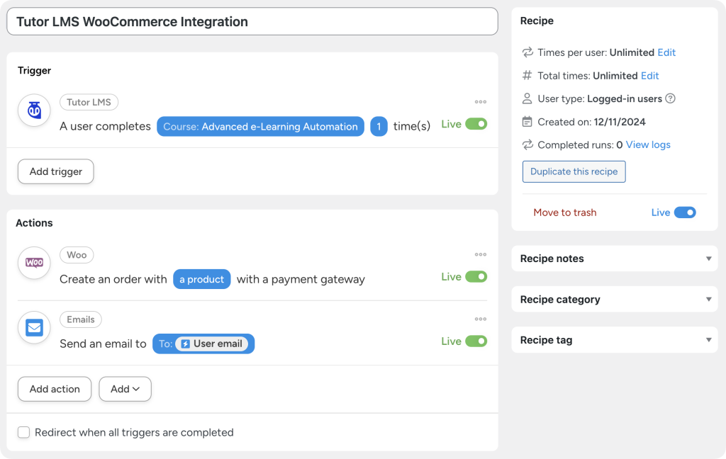tutor-lms-woocommerce-integration-automator-recipe