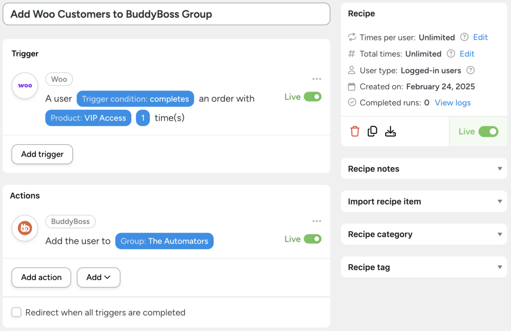 Uncanny Automator recipe titled 'Add Woo Customers to BuddyBoss Group.' This setup uses the BuddyBoss WooCommerce integration to automate community access. The trigger activates when a user completes a WooCommerce order for the 'VIP Access' product. The action then adds the user to 'The Automators' group in BuddyBoss, making it easy to connect BuddyBoss to WooCommerce for seamless membership automation.