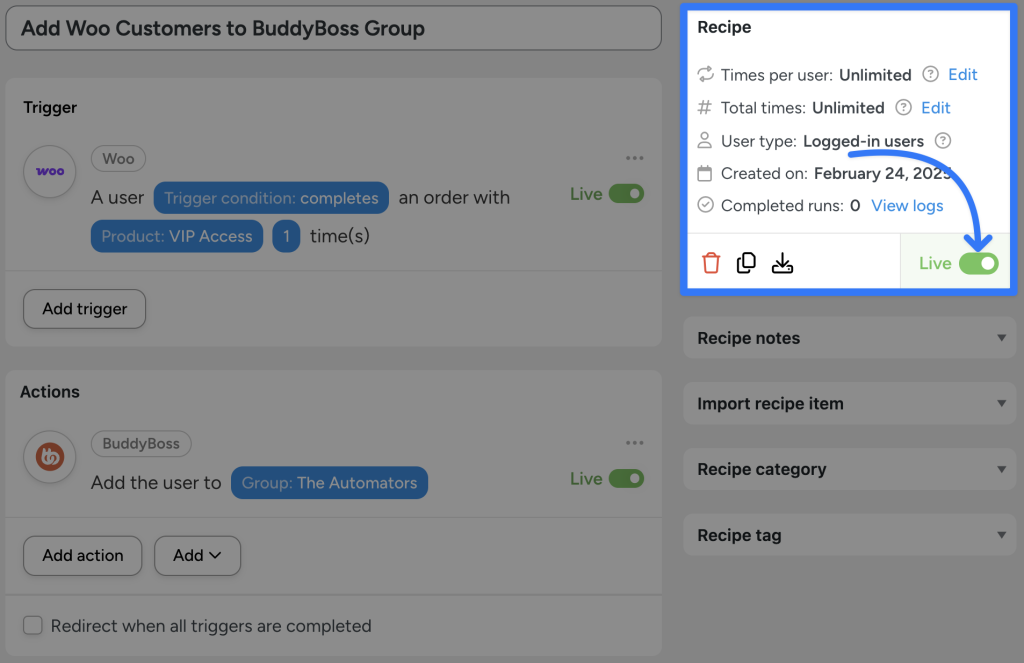 Uncanny Automator recipe titled 'Add Woo Customers to BuddyBoss Group,' with the 'Live' status toggle highlighted. The highlighted section emphasizes the recipe's active status, demonstrating how to connect BuddyBoss to WooCommerce for automated group memberships.