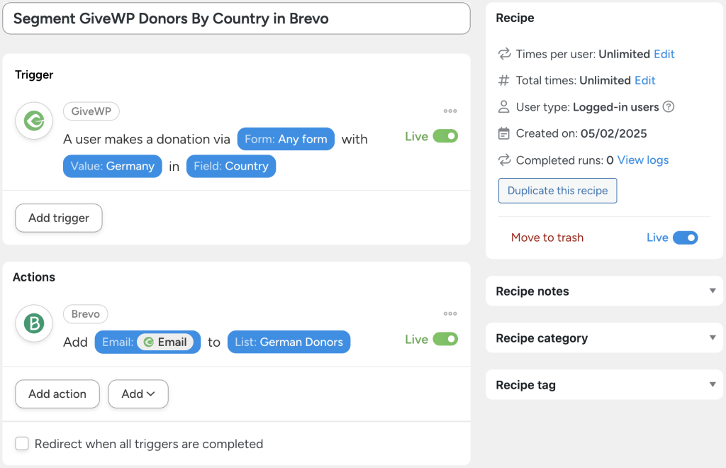 connect-givewp-to-brevo-segment-donors-by-country