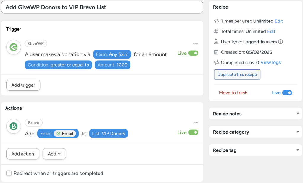 connect-givewp-to-brevo-vip-donors
