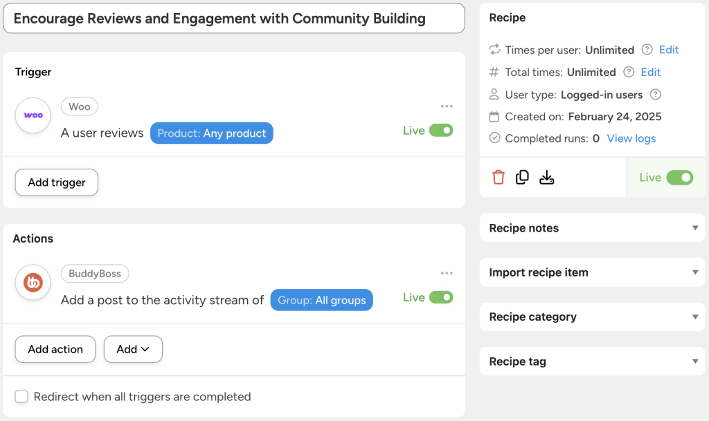 Uncanny Automator recipe titled 'Encourage Reviews and Engagement with Community Building.' This BuddyBoss WooCommerce integration triggers when a user reviews any WooCommerce product. The action automatically adds a post to the activity stream of all BuddyBoss groups, fostering engagement and visibility for community interactions. This setup makes it easy to connect BuddyBoss to WooCommerce, enhancing customer engagement through automated community updates.