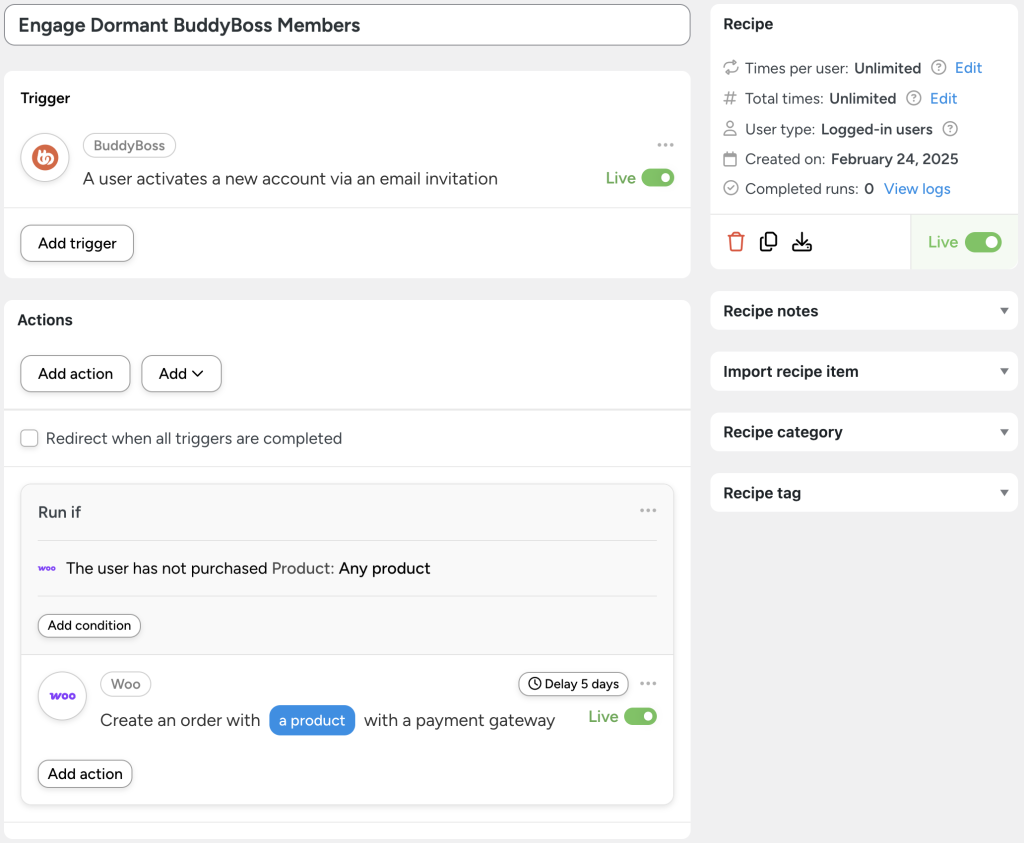 Uncanny Automator recipe titled 'Engage Dormant BuddyBoss Members.' This BuddyBoss WooCommerce integration triggers when a user activates a new BuddyBoss account via an email invitation. If the user has not purchased any WooCommerce product, the automation creates an order for a product using a payment gateway after a 5-day delay. This setup effectively connects BuddyBoss to WooCommerce, encouraging new members to make their first purchase through automated engagement strategies.