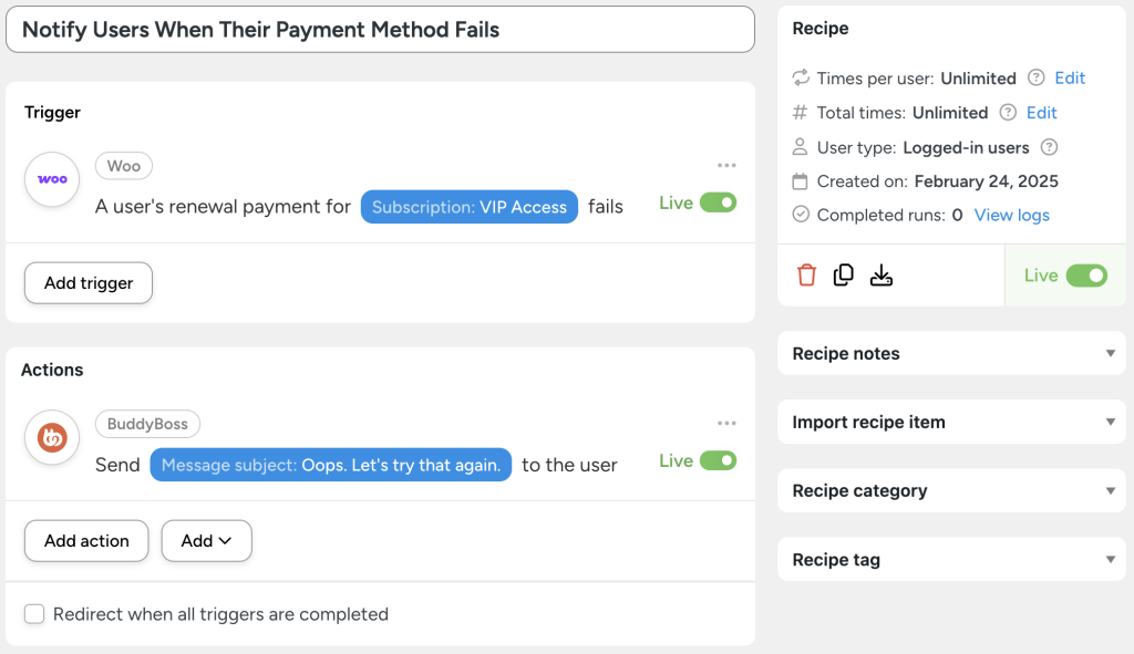 Uncanny Automator recipe titled 'Notify Users When Their Payment Method Fails.' This setup leverages the BuddyBoss WooCommerce integration to trigger a notification when a user's renewal payment for a subscription fails in WooCommerce. The action sends a BuddyBoss message to the user, making it easy to connect BuddyBoss to WooCommerce for automated subscription renewal alerts.