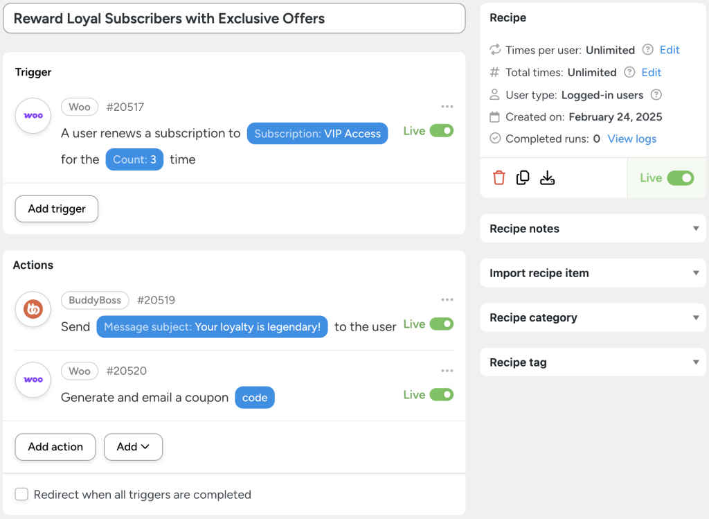 Uncanny Automator recipe titled 'Reward Loyal Subscribers with Exclusive Offers.' This BuddyBoss WooCommerce integration triggers when a user renews their subscription to a product for a third time. The actions send a BuddyBoss private message and generate a WooCommerce coupon code, rewarding long-term subscribers. This setup makes it easy to connect BuddyBoss to WooCommerce for automated loyalty rewards.
