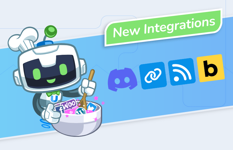 Uncanny Automator robot stirring a bowl with Discord, RSS, Bricks Builder, and URL logos, showcasing new integrations for the 6.3 release.