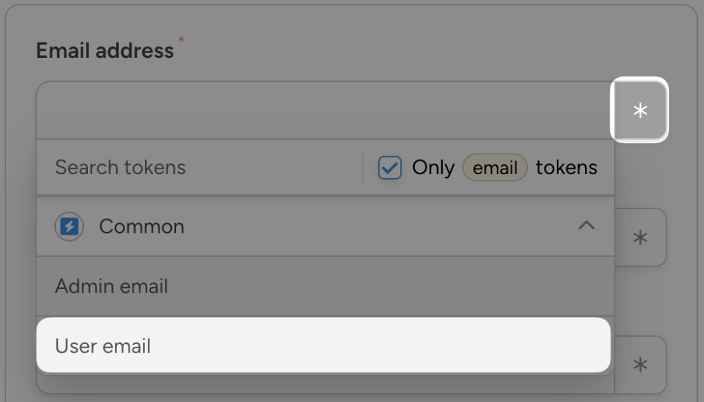 Uncanny Automator token selection interface showing "User email" as a selectable token for the email field.